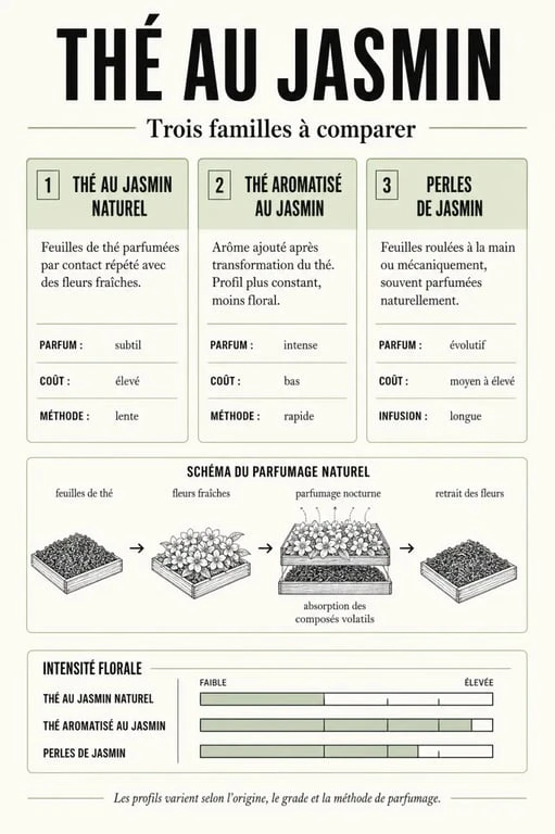Comparatif thé au jasmin naturel, aromatisé et perles de jasmin avec schéma de parfumage