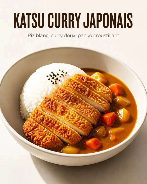 Catsoo curry japonais servi dans une assiette creuse avec riz, sauce curry et escalope panée croustillante