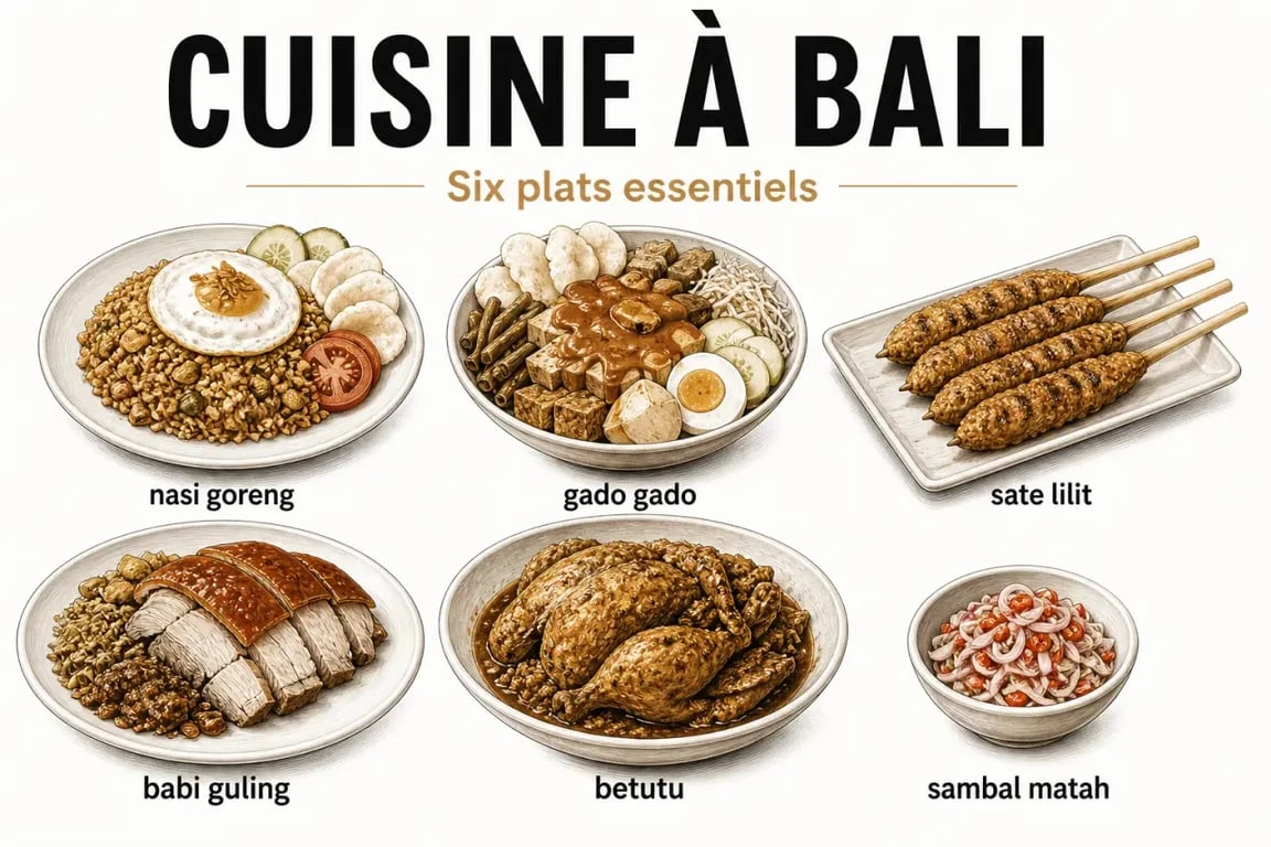 Nourriture à Bali : spécialités balinaises et niveaux d’épicé en illustration éditoriale