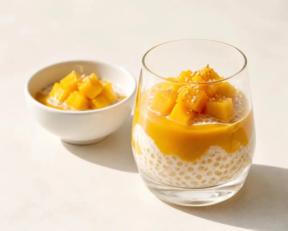 Recette de perles de tapioca au lait de coco et mangue, dessert dressé en verrine avec perles translucides