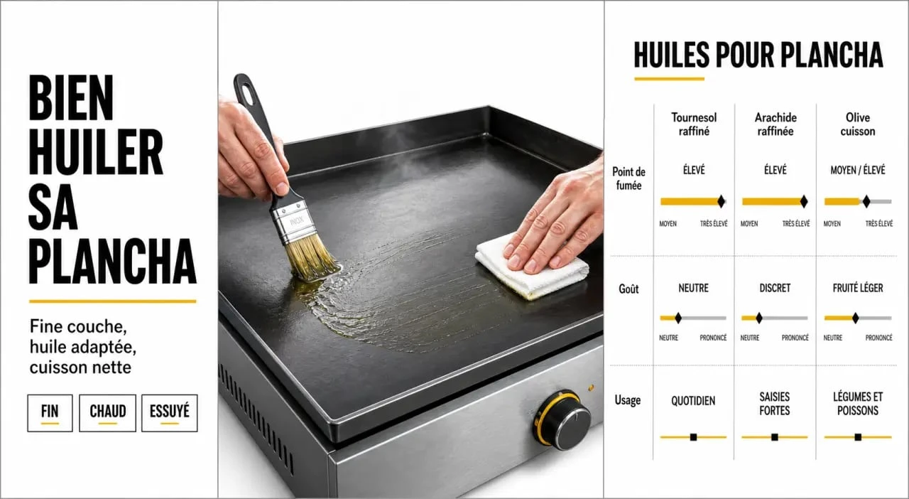 Huile pour plancha : comparaison visuelle des huiles adaptées, du point de fumée et de la méthode d’application