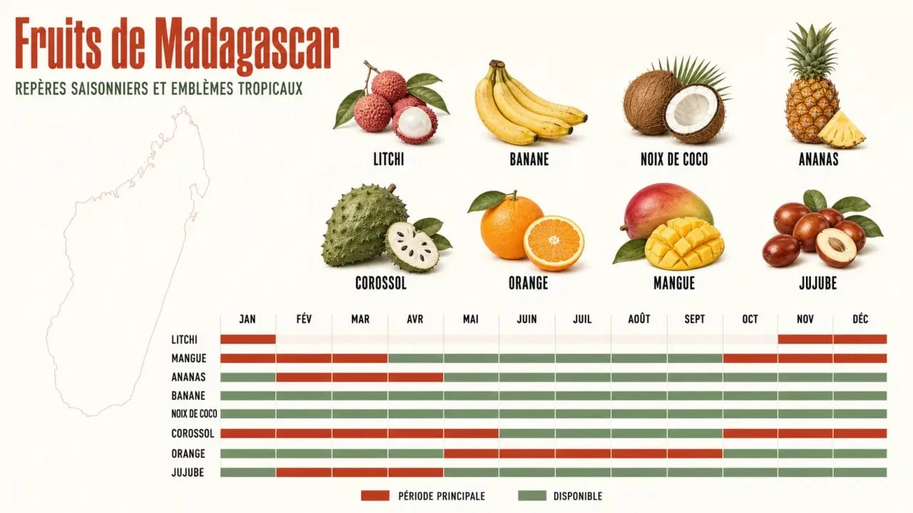 Fruits Madagascar : illustration éditoriale des fruits emblématiques et de leur saisonnalité