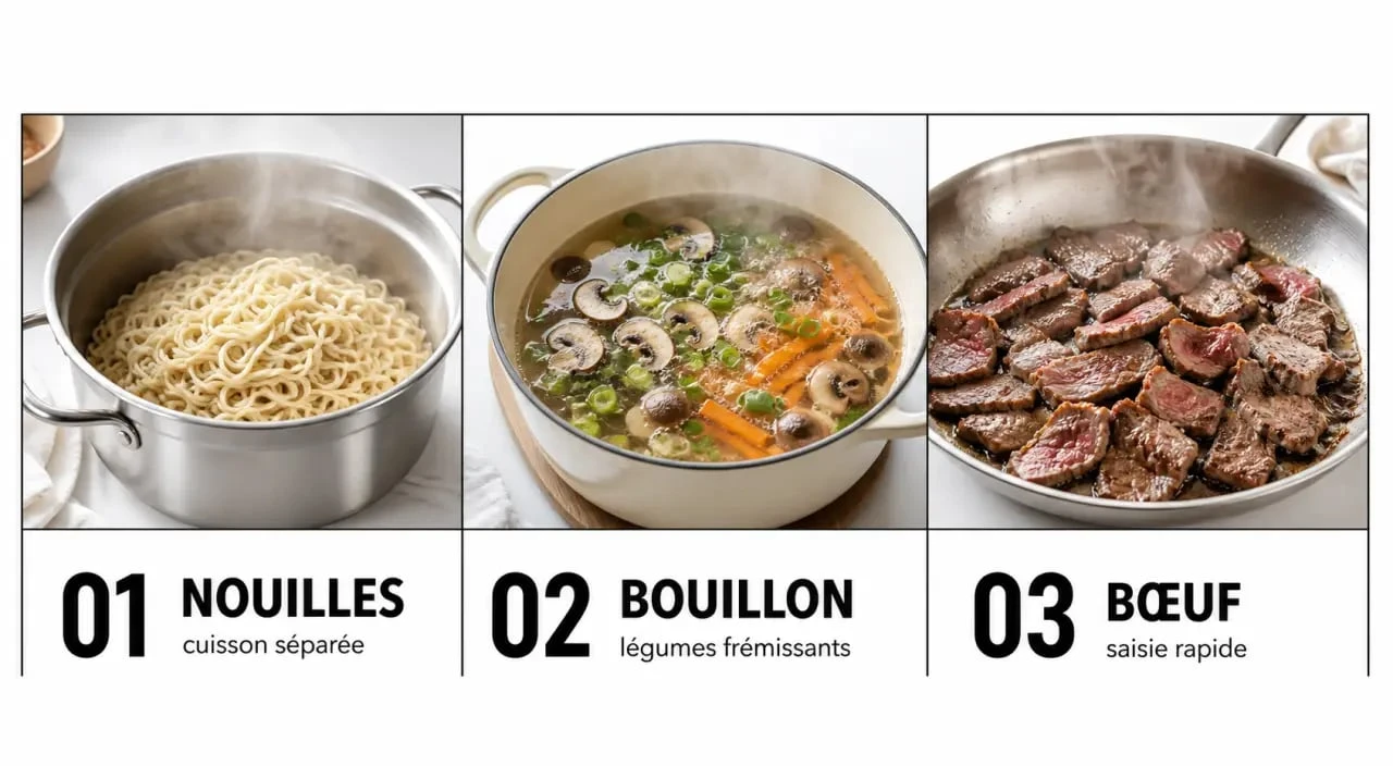 Ramen au boeuf en préparation avec bouillon, nouilles, bœuf saisi et garnitures séparées