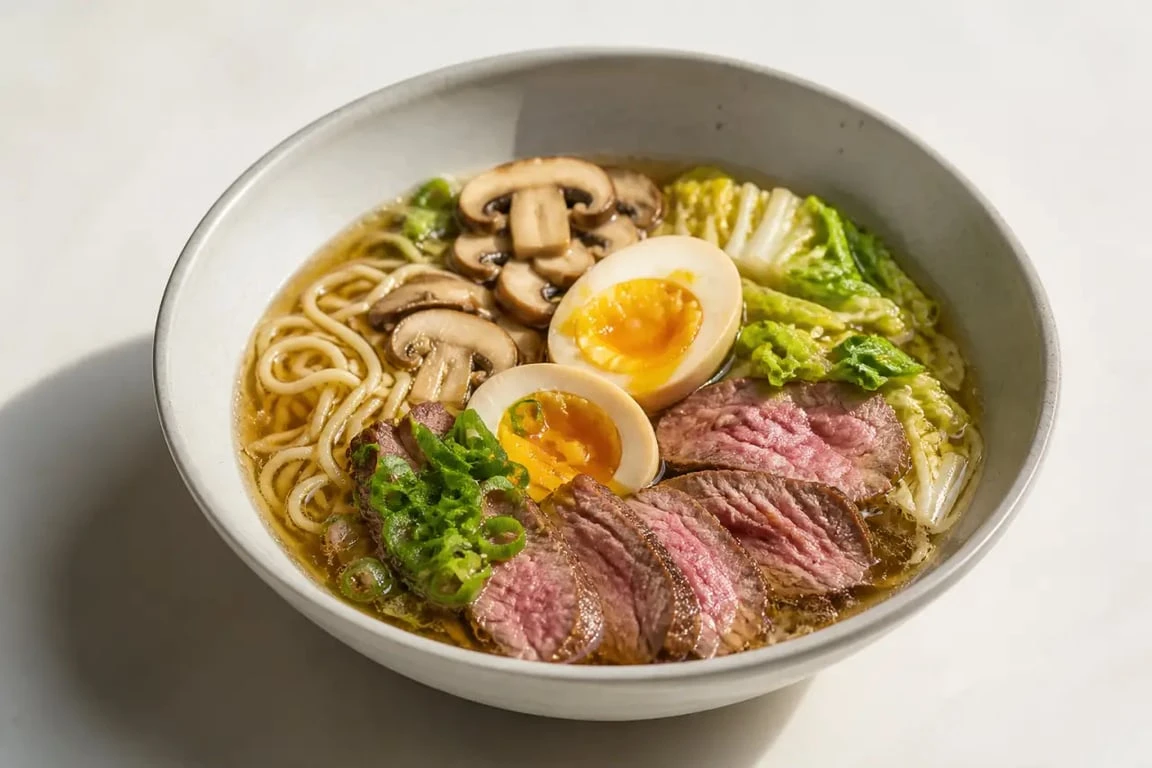 Ramen au boeuf servi dans un bol avec bouillon parfumé, bœuf tendre et œuf mollet
