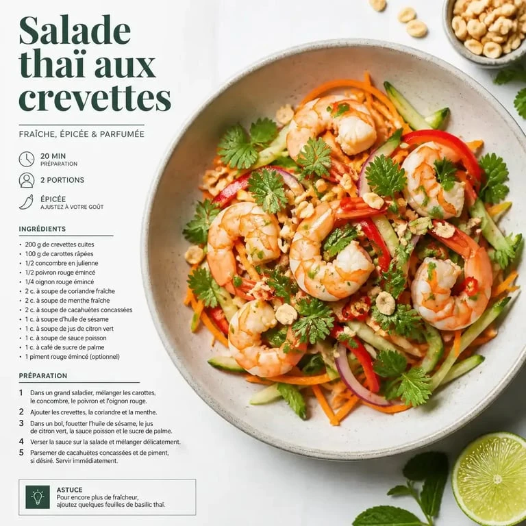 Salade thaï aux crevettes fraîchement préparée dans un bol, avec des herbes et des arachides.