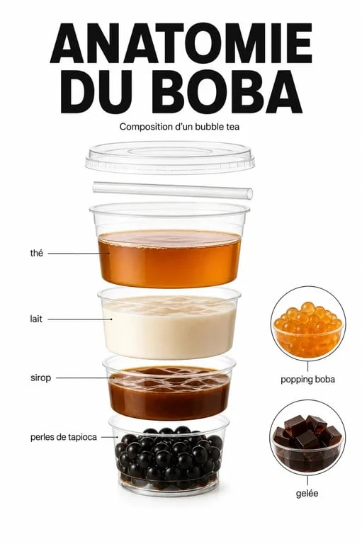 Infographie bubble tea boba sur la composition de la boisson, les perles de tapioca et les toppings