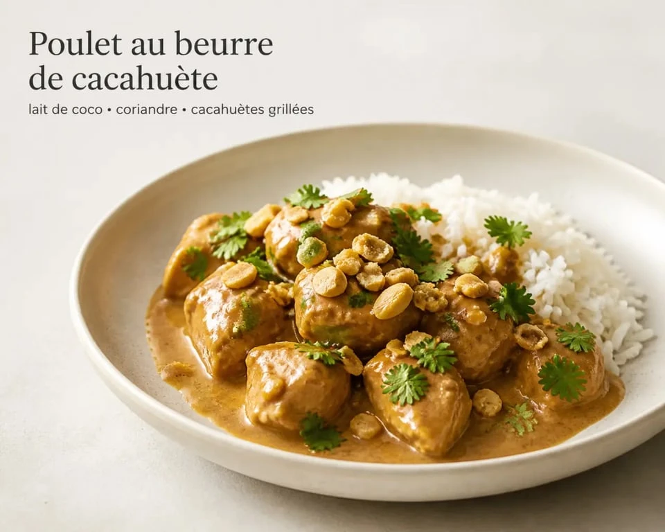 Recette de poulet au beurre de cacahuète servie en assiette avec sauce crémeuse, coriandre et cacahuètes grillées