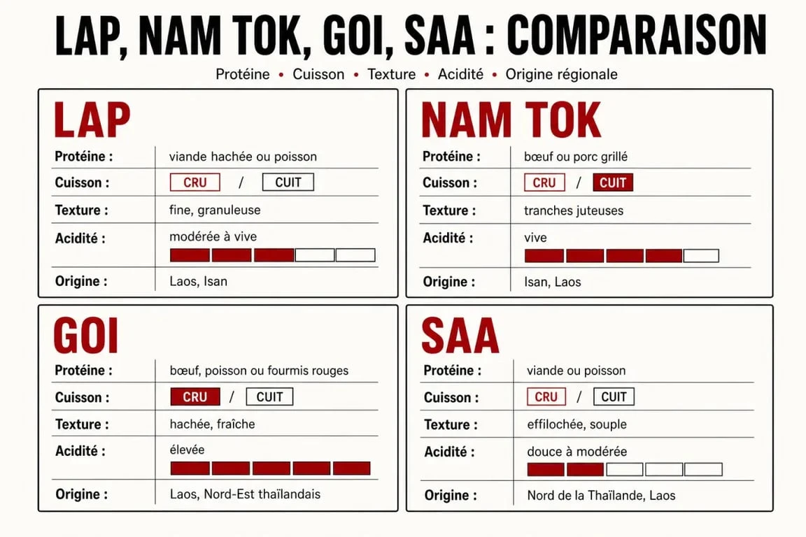 Comparaison des variantes de lap thai food, lap, nam tok, goi et saa