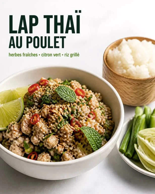 Lap thai food de poulet servi avec riz gluant et crudités