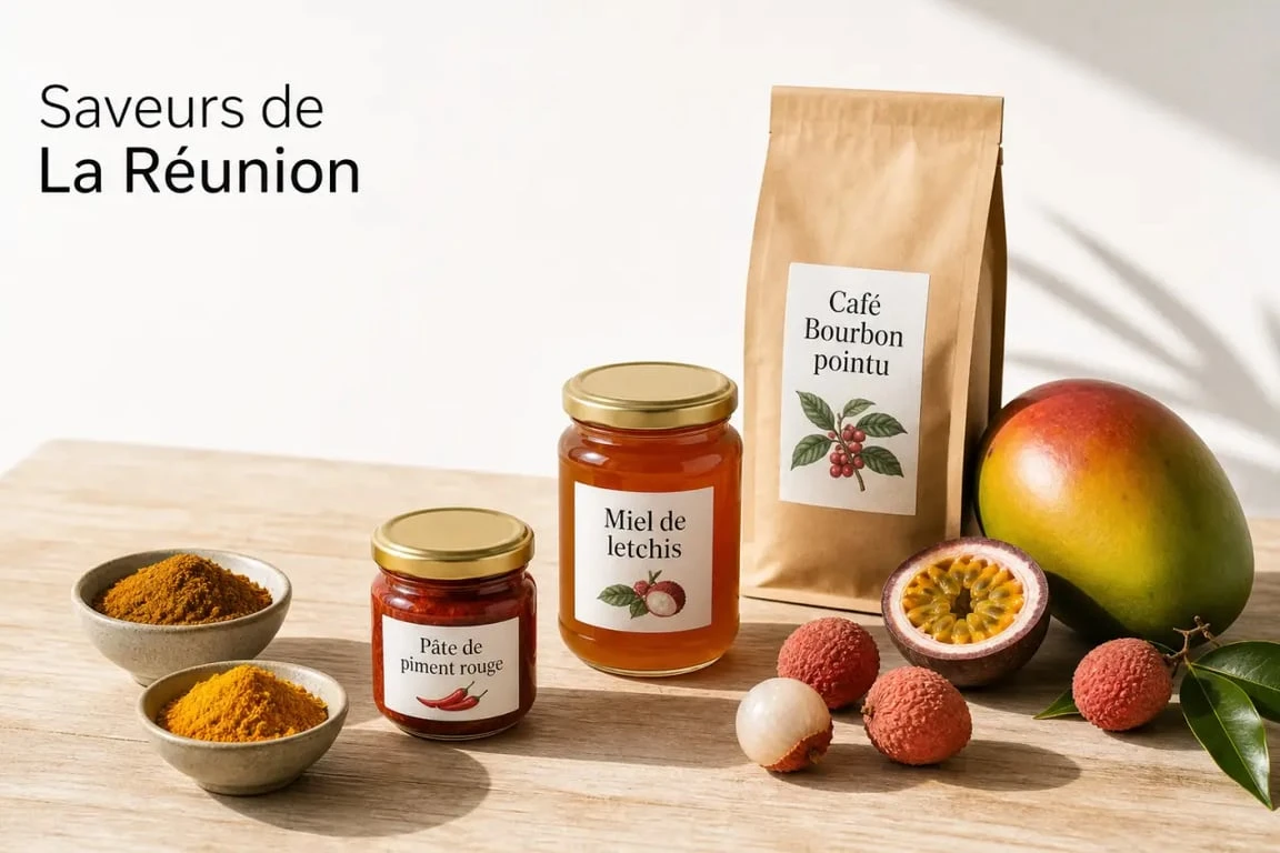 Sélection de produit reunion avec massalé, miel de letchis, café Bourbon pointu et pâte de piment