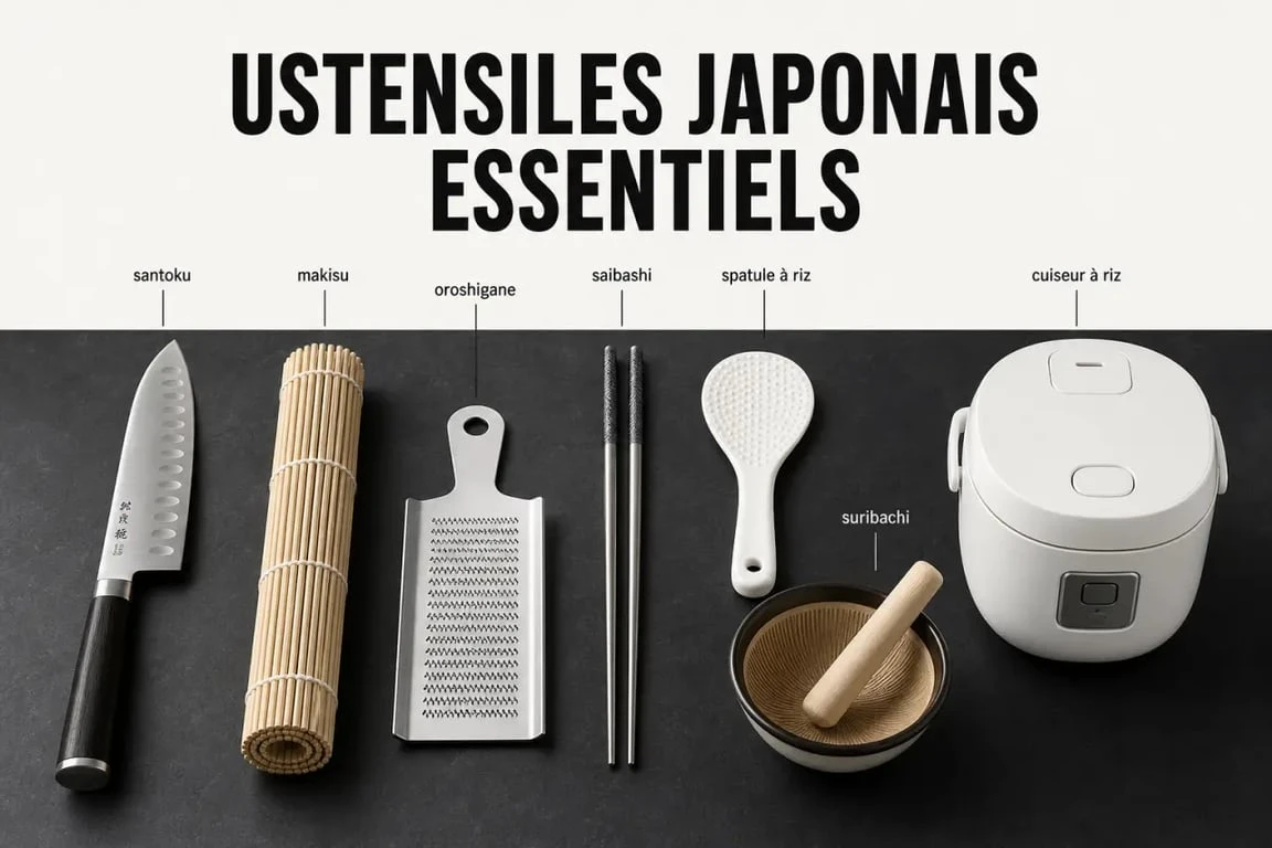 Cuisine japonaise ustensiles essentiels présentés dans une composition éditoriale claire