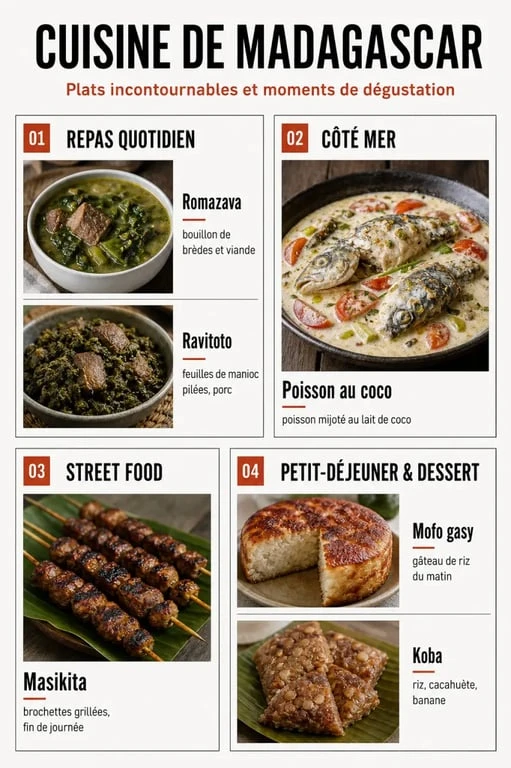 Plats malgache incontournables à goûter entre romazava, ravitoto, poisson au coco, mofo gasy, masikita et koba