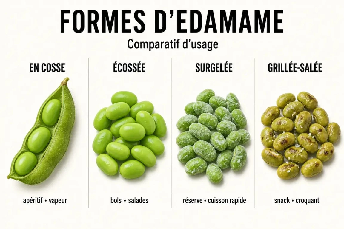 Fève edamame en cosse, écossée, surgelée et grillée-salée sur un visuel comparatif
