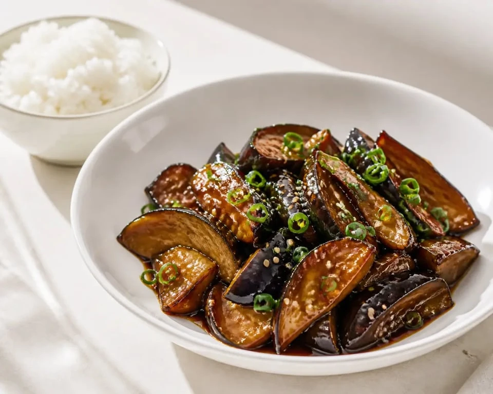 Aubergines hong shao fondantes et brillantes servies avec du riz