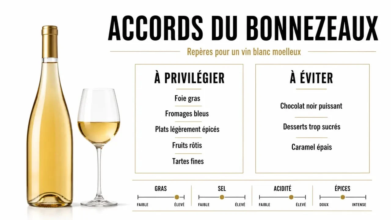 Bonnezeaux accord mets vins : visuel éditorial des meilleurs accords et des plats à éviter