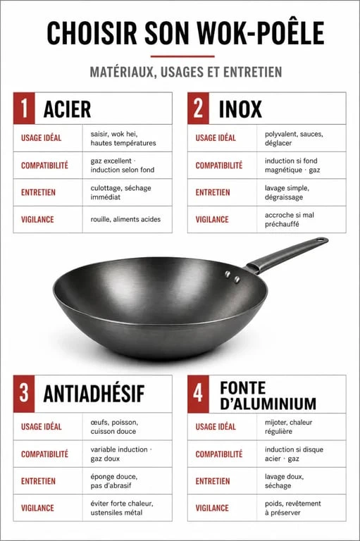 Infographie comparative wok poele : matériaux, usages, entretien et compatibilité feux