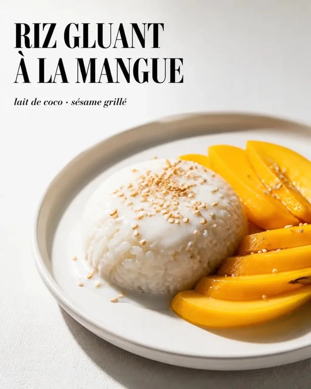 Sticky mango présenté en assiette avec riz gluant, mangue mûre et lait de coco
