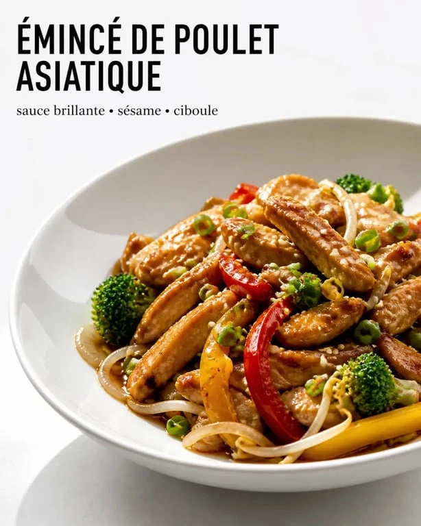Recette émincé de poulet asiatique servi en assiette avec légumes croquants et sauce brillante