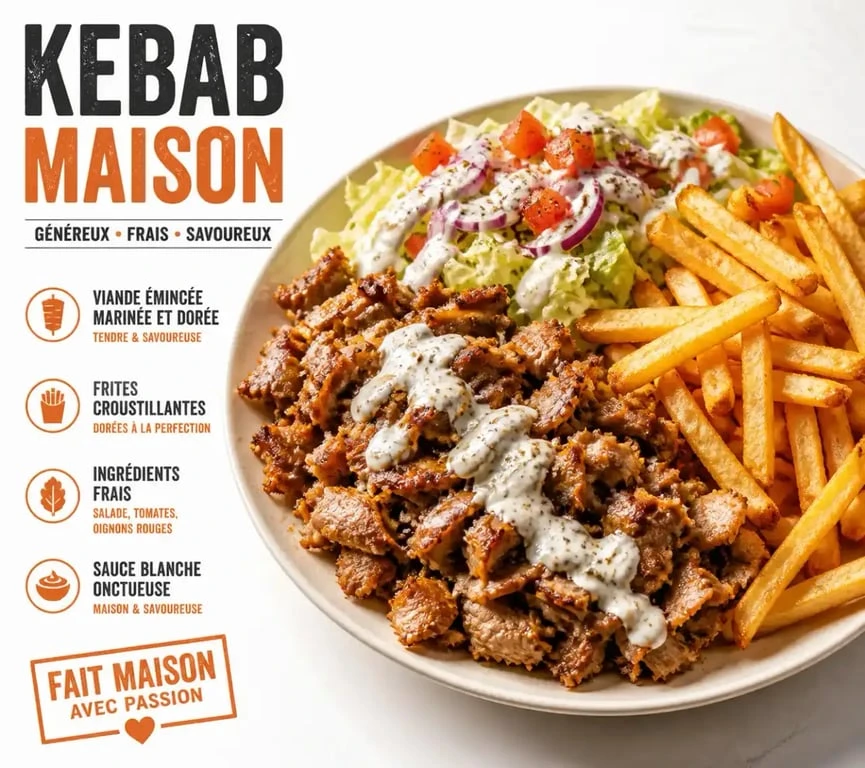 Assiette kebab maison généreuse avec viande grillée, frites et crudités