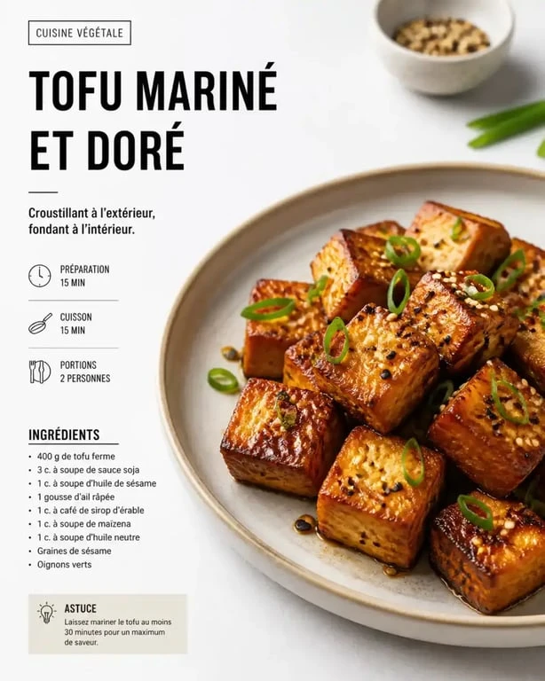 Tofu mariné et doré à la poêle, une recette de marinade à tofu savoureuse et croustillante.