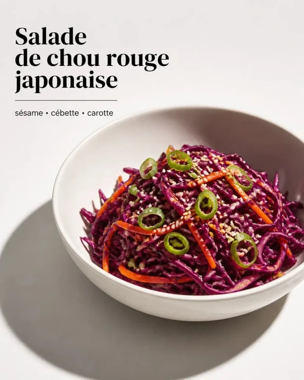 Salade de chou rouge japonaise servie dans un bol, avec chou rouge finement émincé, carotte et graines de sésame