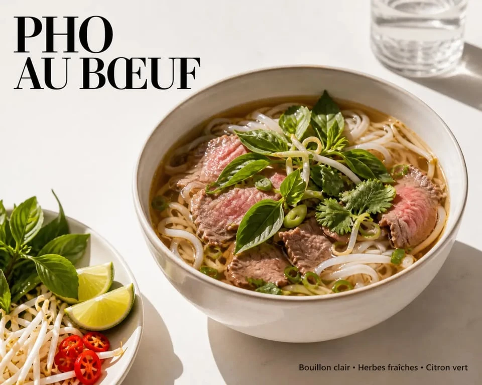 Recette soupe pho au bœuf servie dans un bol, avec bouillon clair, nouilles de riz et herbes fraîches