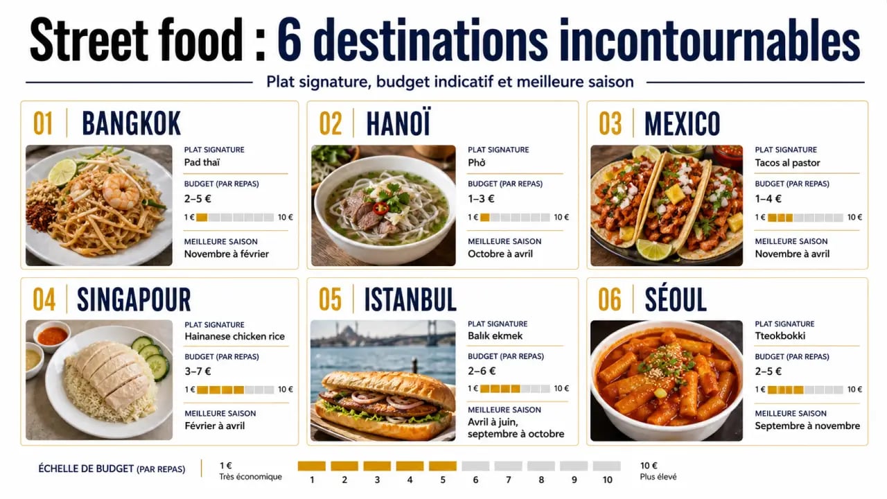 Les meilleures destinations de street food avec plats signatures, budgets et saisons sur une infographie éditoriale