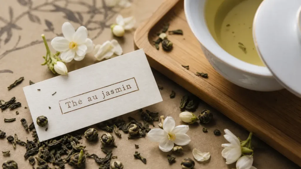 Jasmine thé : tasse et feuilles de thé au jasmin, origine chinoise