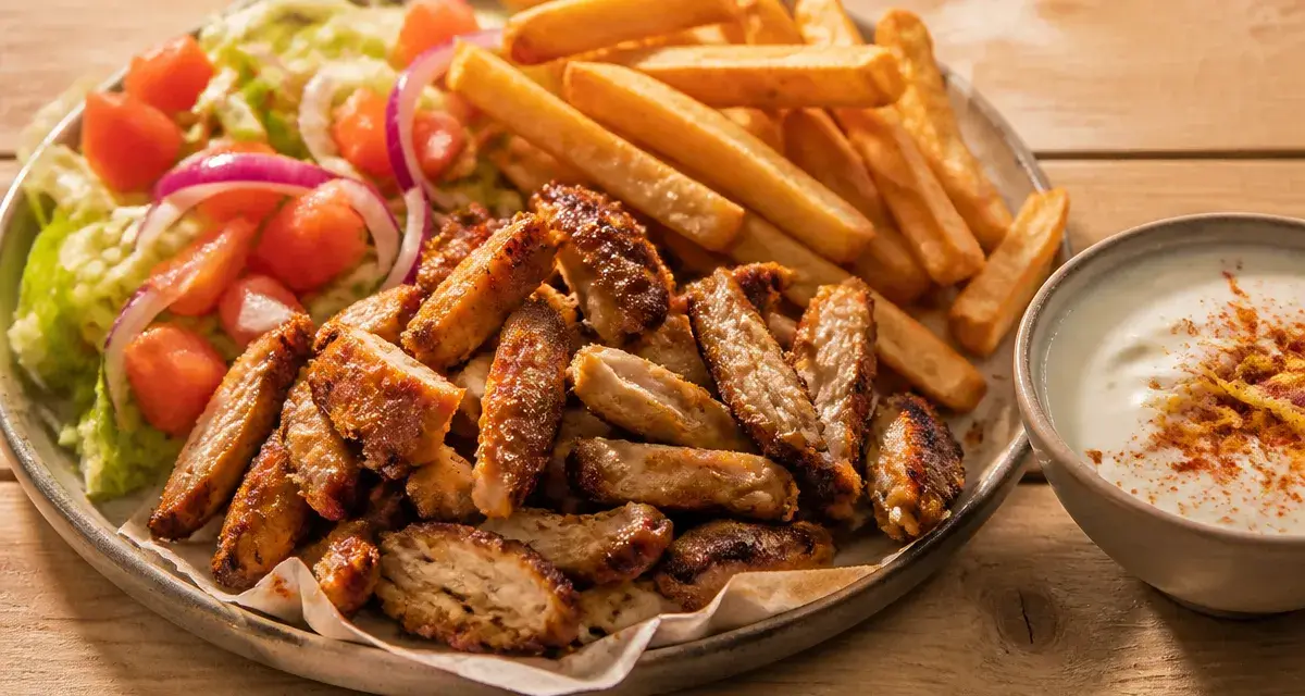 Photo kebab assiette maison, poulet grillé, frites et sauce