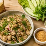 Lap thai food : lap de poulet aux herbes fraîches et riz grillé
