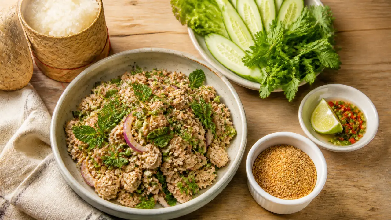 Lap thai food : lap de poulet aux herbes fraîches et riz grillé