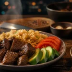 Loklak de bœuf, cubes laqués, sauce teuk merech, riz sauté