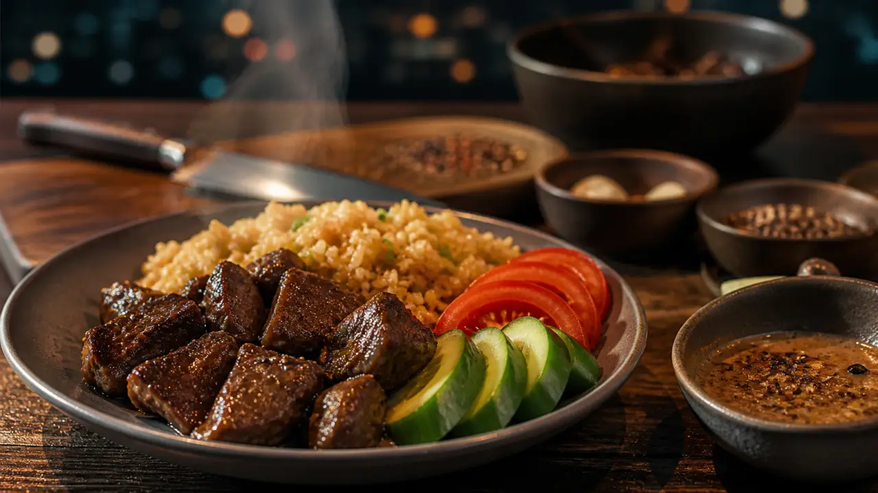 Loklak de bœuf, cubes laqués, sauce teuk merech, riz sauté