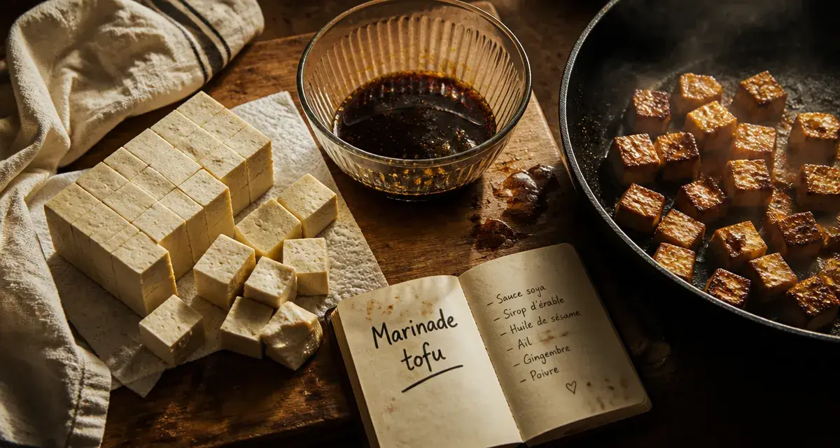 Marinade a tofu : cubes dorés, sauce soya-érable, huile de sésame