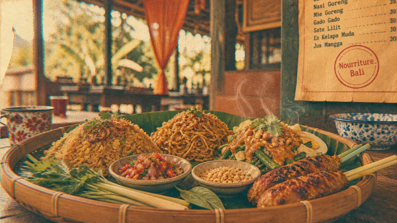 Nourriture à Bali : warung avec nasi goreng, mie goreng, gado gado et sambal