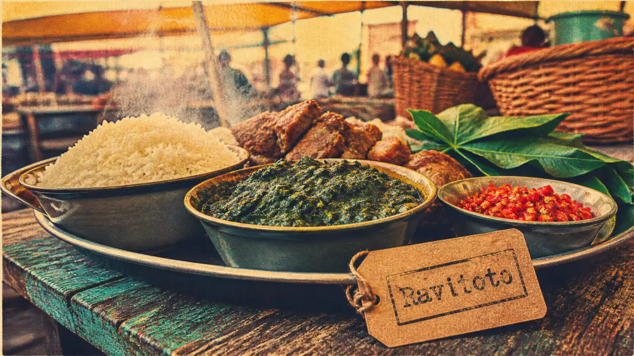 Plats malgache : riz fumant et ravitoto en street food