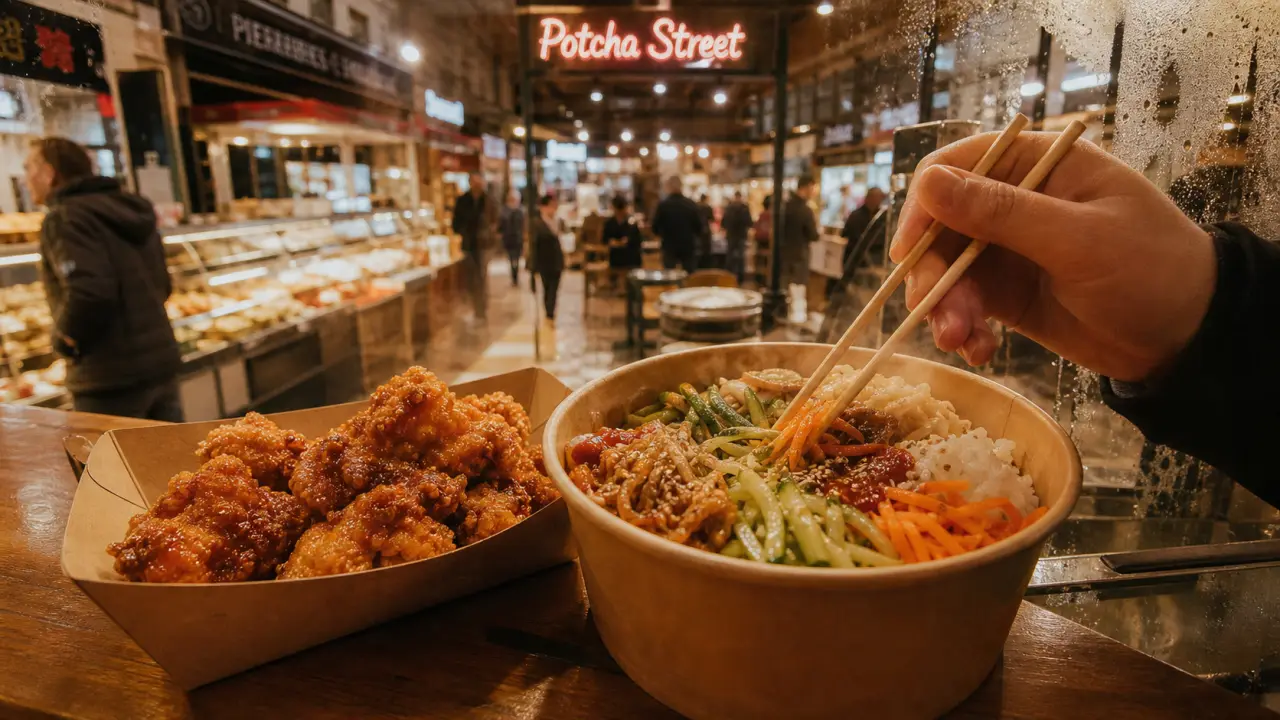 Potcha Street : poulet frit coréen au Marché central de Nancy, bibimbap et baguettes