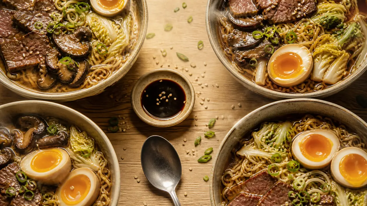 Ramen au boeuf maison, bouillon soja-gingembre et bœuf saisi
