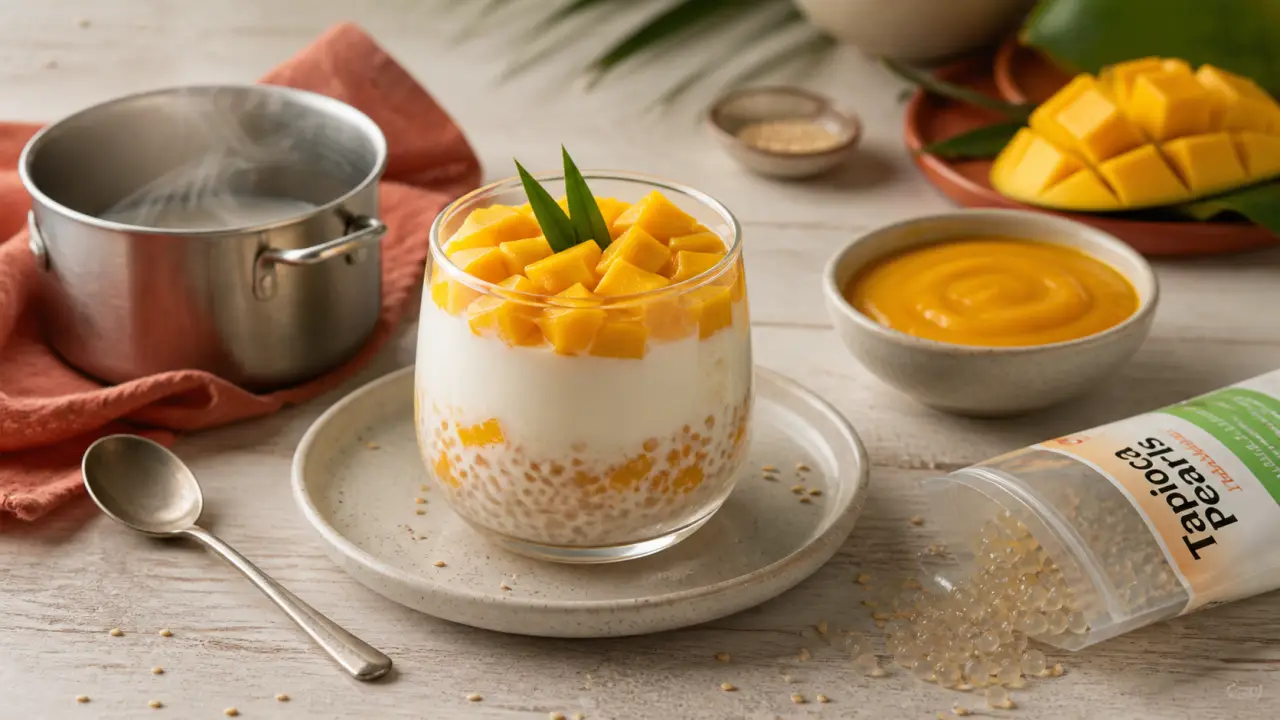 Recette de perles de tapioca moelleuses, lait de coco et mangue