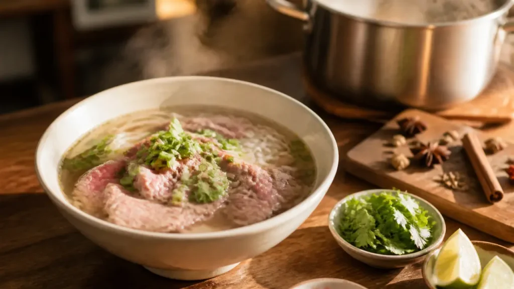 Recette soupe pho au bœuf, bouillon clair fumant, herbes fraîches et citron vert