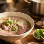 Recette soupe pho au bœuf, bouillon clair fumant, herbes fraîches et citron vert