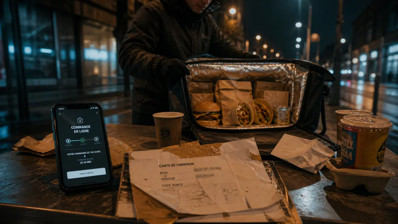 Snack de nuit : livraison tardive sur trottoir urbain