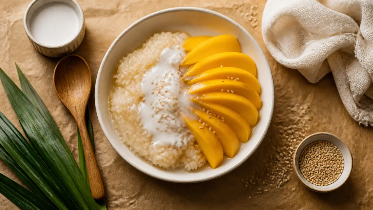 Sticky mango rice : riz gluant tiède à la vapeur et mangue mûre