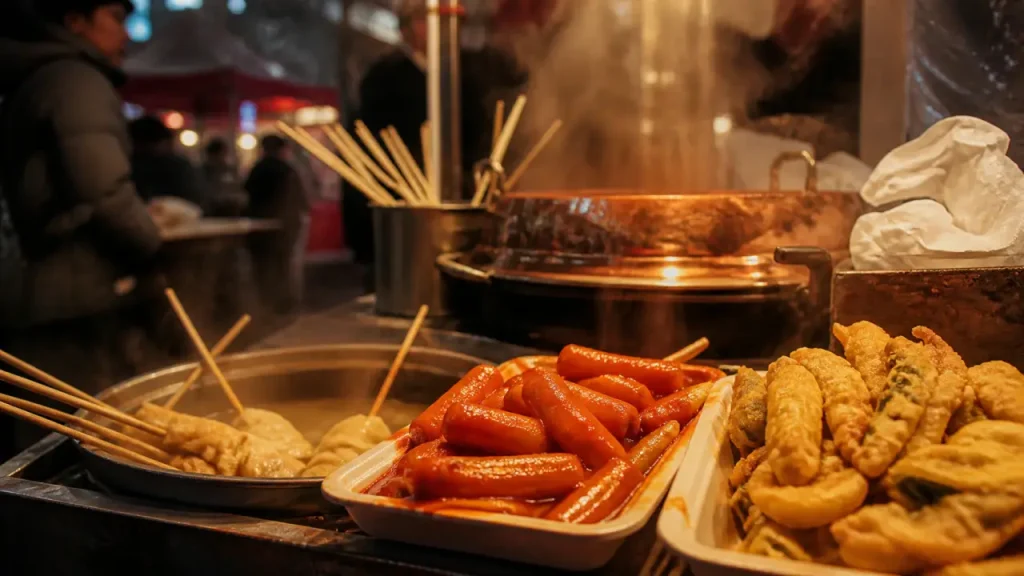 Street food coréen : tteokbokki et eomuk sur un stand à Séoul