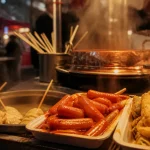 Street food coréen : tteokbokki et eomuk sur un stand à Séoul