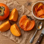 Comment se mange le kaki blet à la cuillère, deux kakis orange très blets et cuillère inox