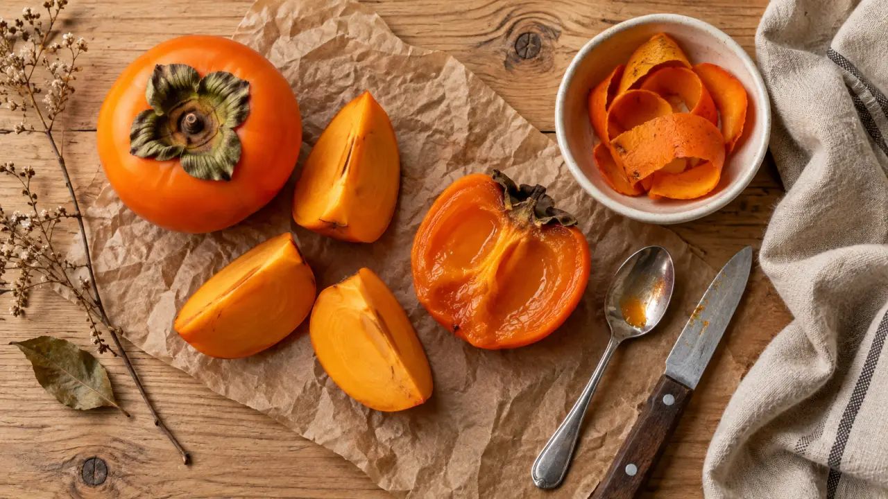 Comment se mange le kaki blet à la cuillère, deux kakis orange très blets et cuillère inox