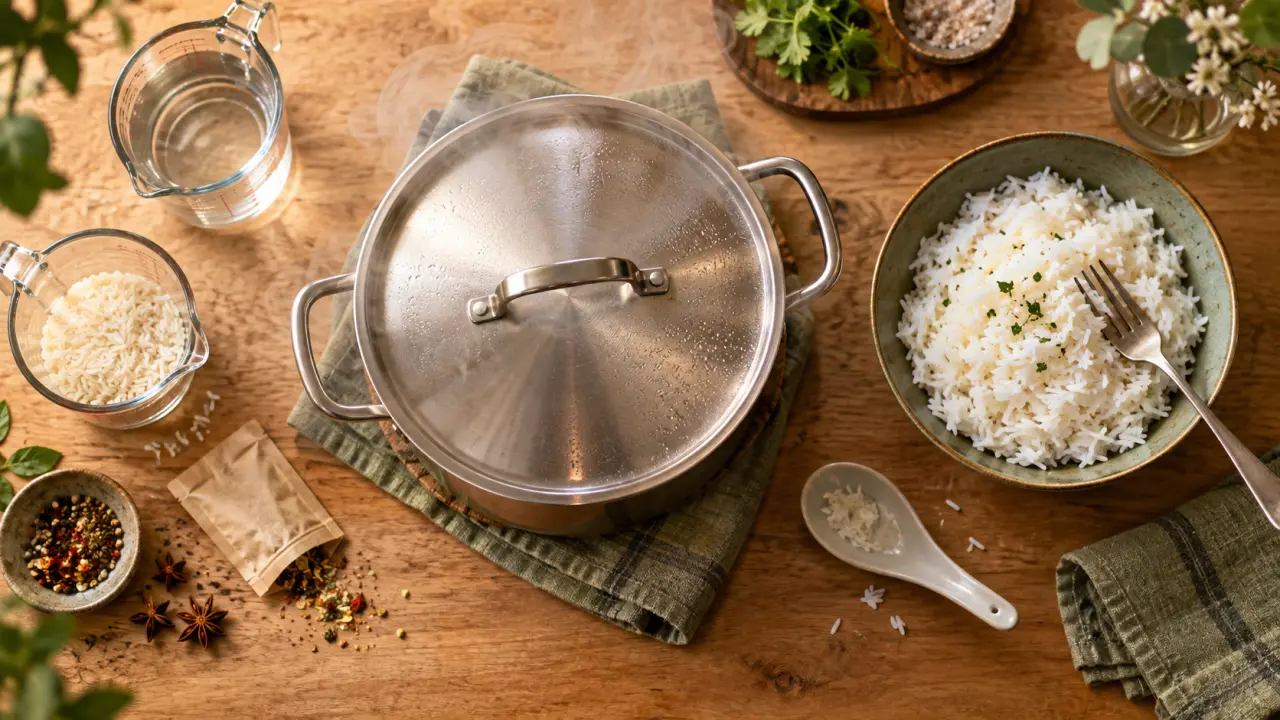 Cuisson du riz jasmin en casserole, 12 à 15 minutes à couvert