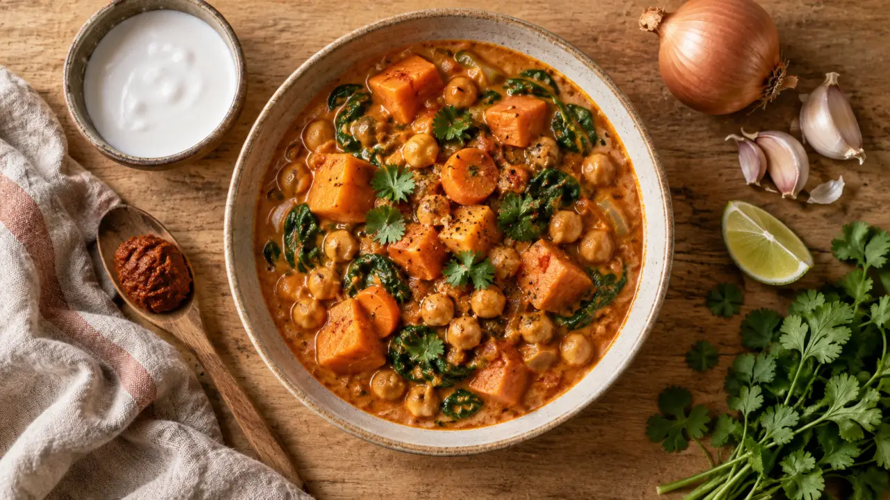 Curry vege express aux légumes et pois chiches, lait de coco et pâte de curry