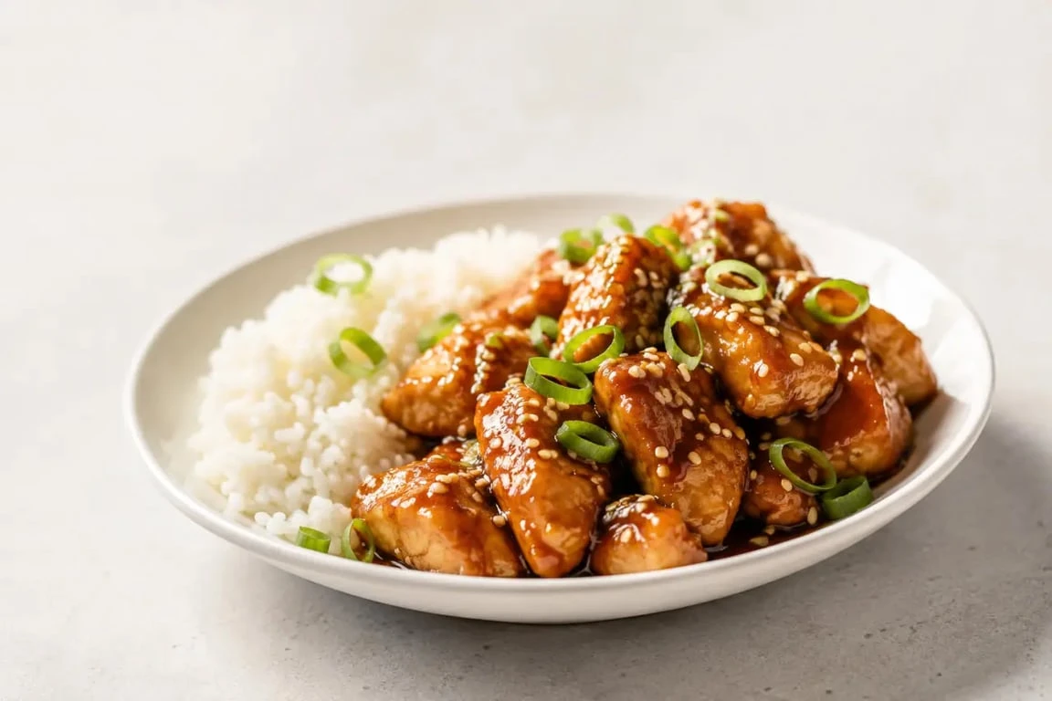 Poulet aux sesame caramélisé servi avec riz blanc et graines de sésame